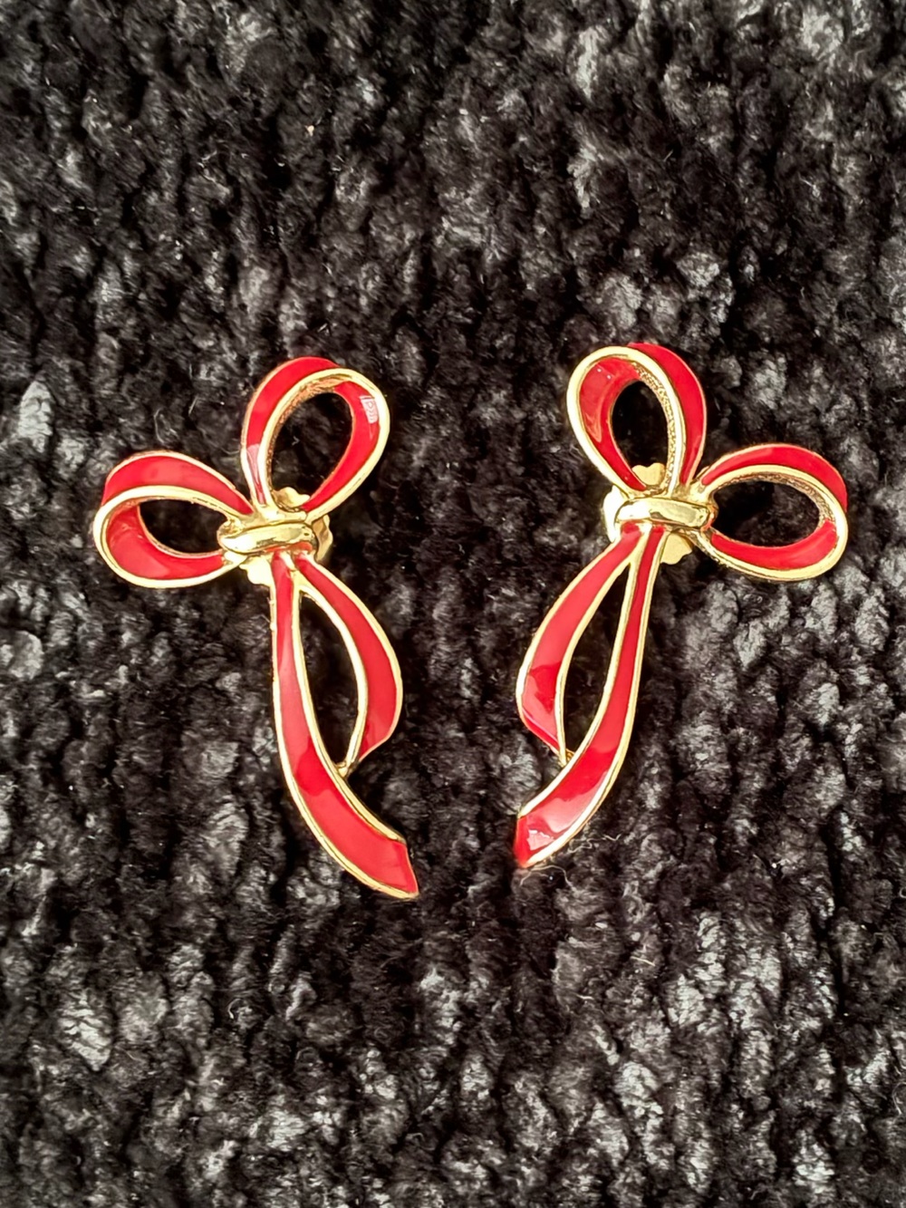 Vintage Gold-Tone Red Ribbon Bow Earrings - Women Jewelry